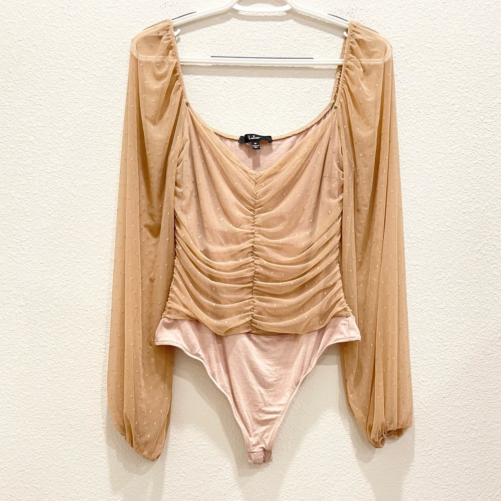 Pre-loved! LULU’S Tan Mesh Polka Dot Long Sleeve Bodysuit!